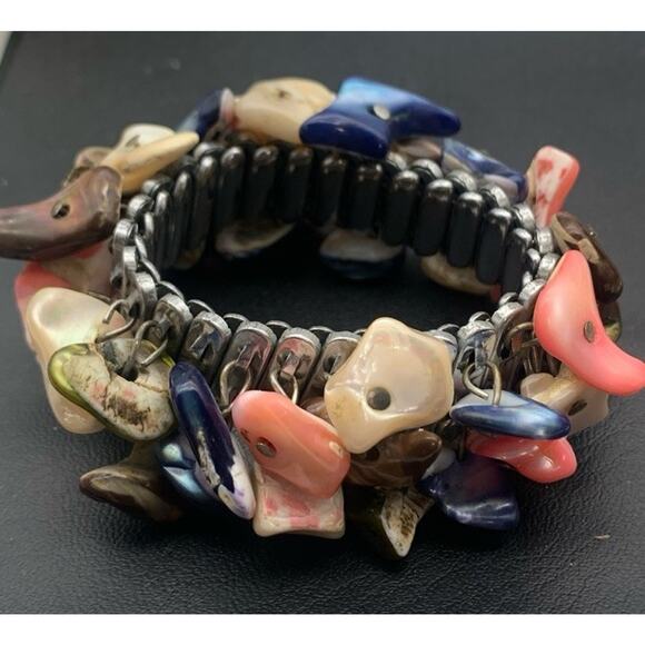 Vintage Spidel Style Metal Stretch Multicolored Polished MOP Shell Bracelet - Picture 2 of 5
